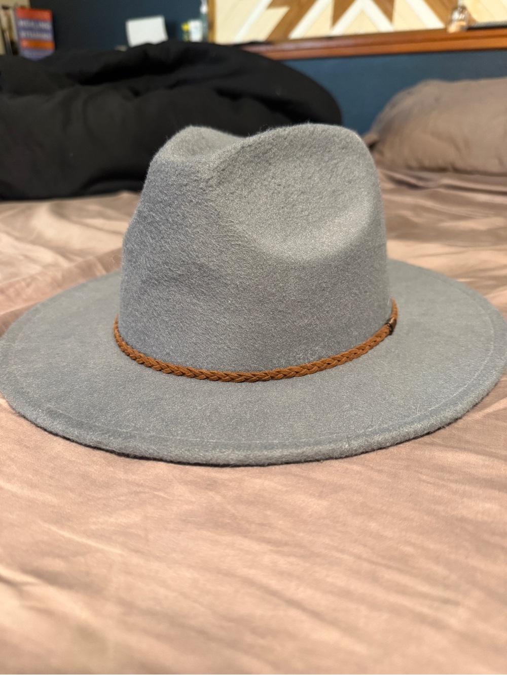 Wide Brim Felt Fedora Hat with Braided Band- Light blue